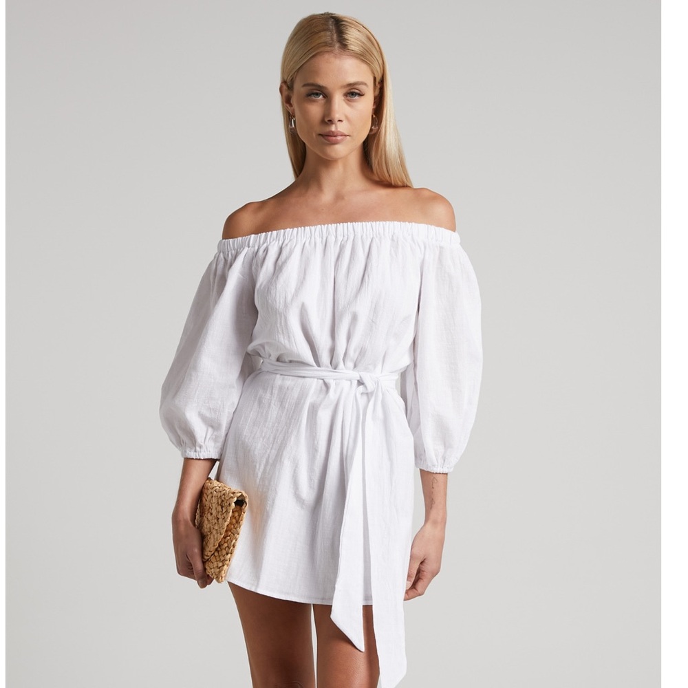 Showpo Chalmer Mini Dress- Tie Waist off Shoulder